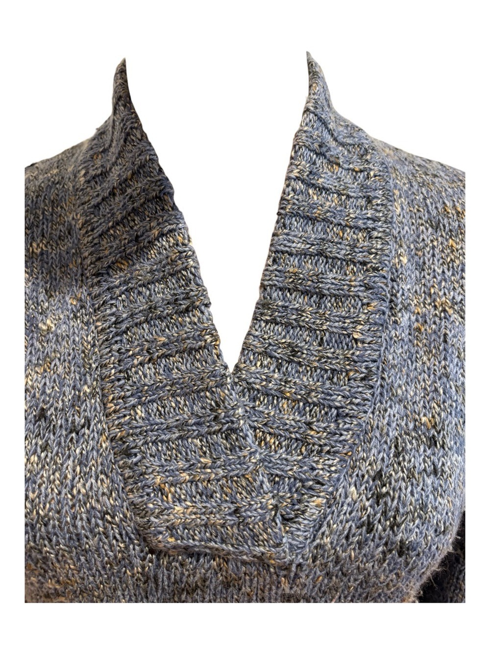 70s LIZ CLAIBORNE BLUE GRAY TWEED PREPPY V-NECK SHAWL COLLAR SWEATER SZ M - Picture 6 of 7